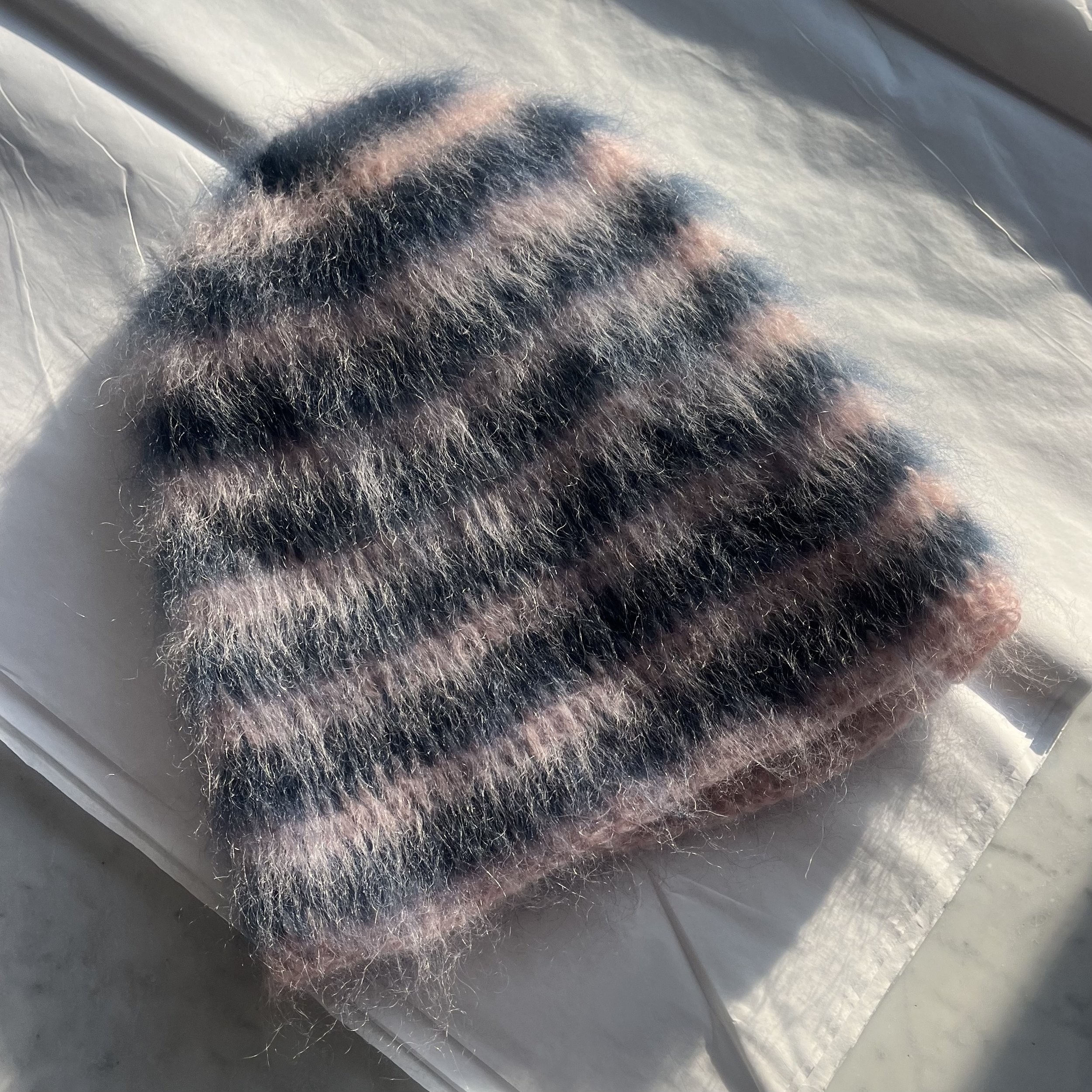 brushed mohair hat, pink & blue stripe