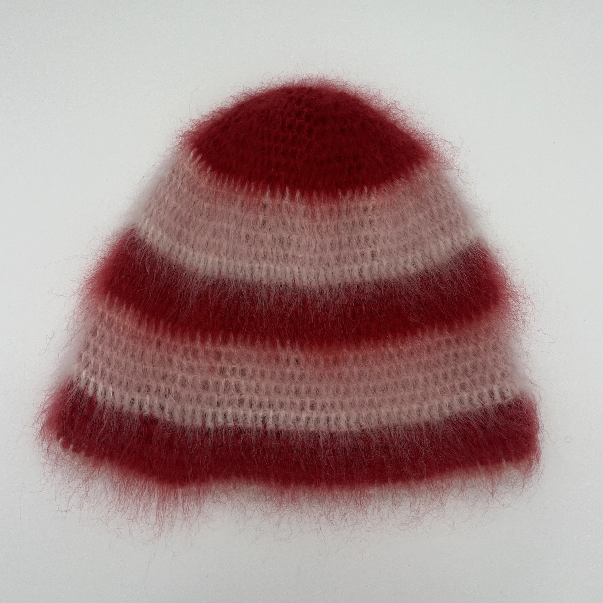 brushed mohair hat, red, white & pink stripe