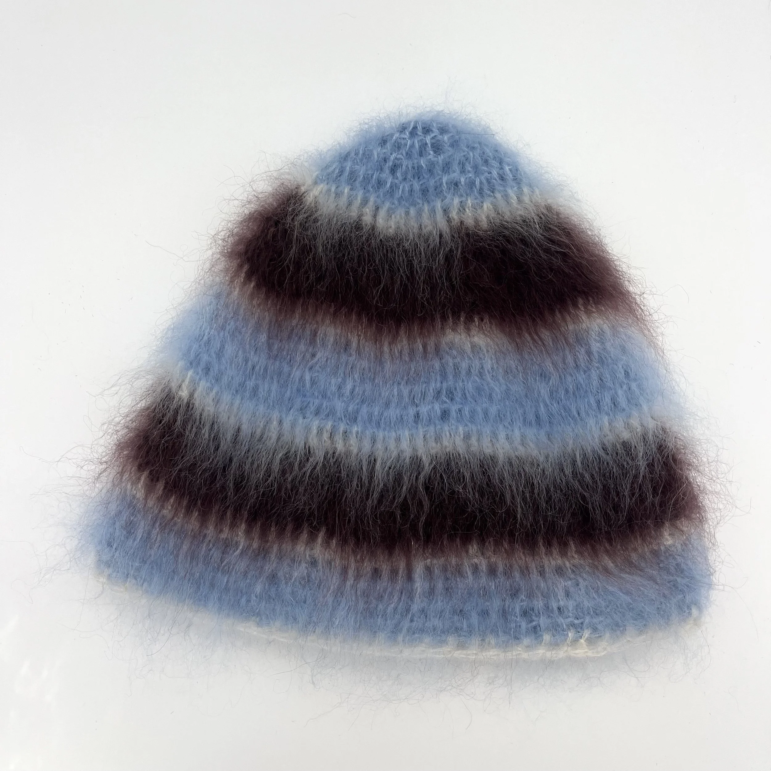 brushed mohair hat, brown, blue & white stripe - archive