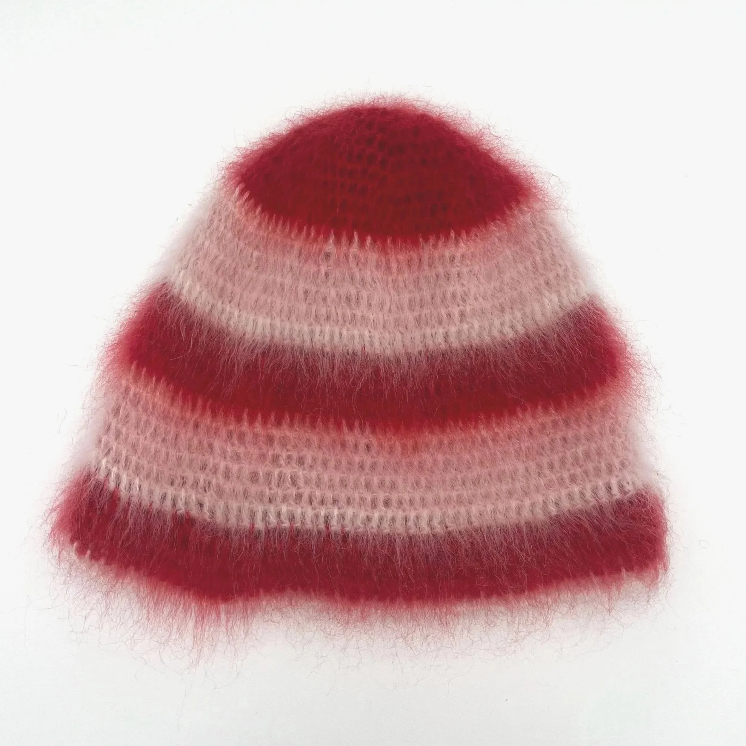 brushed mohair hat, red, white & pink stripe