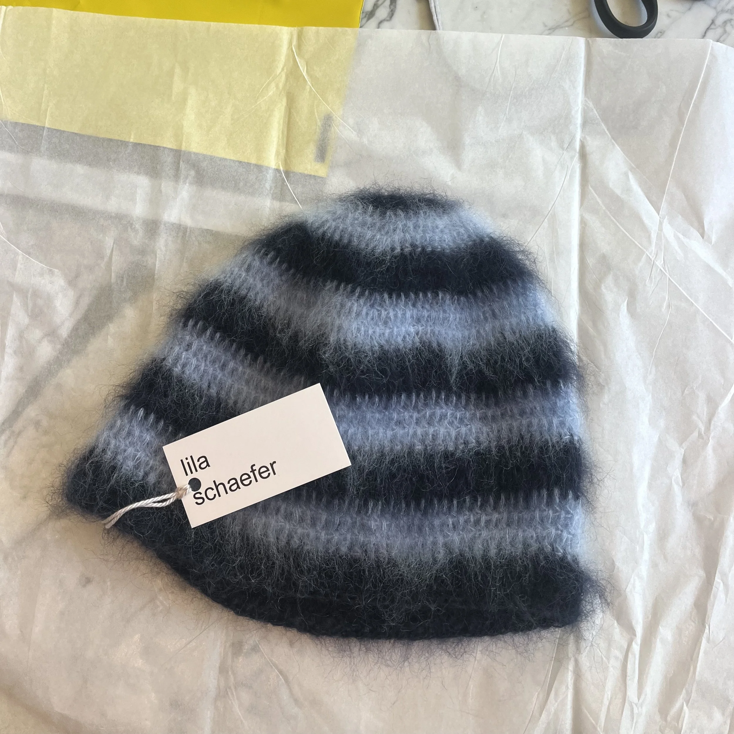 brushed mohair hat, light blue stripe