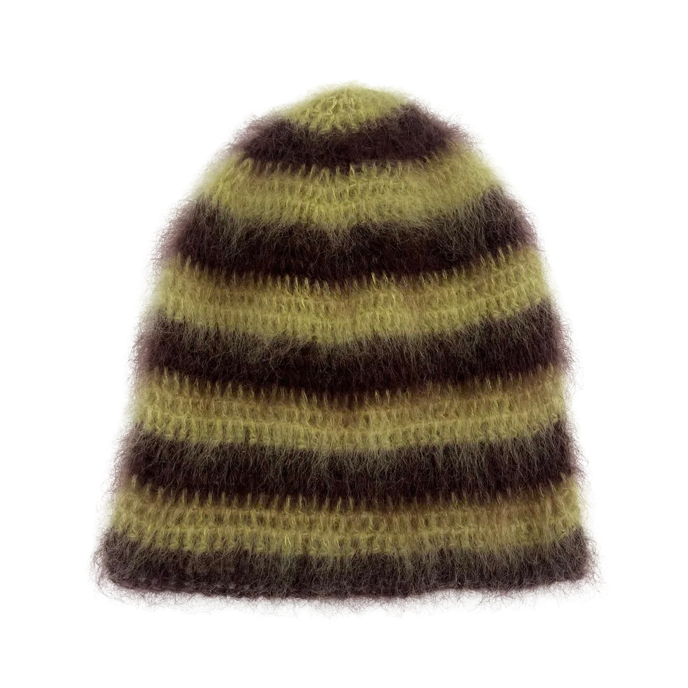brushed mohair hat, brown & green stripe