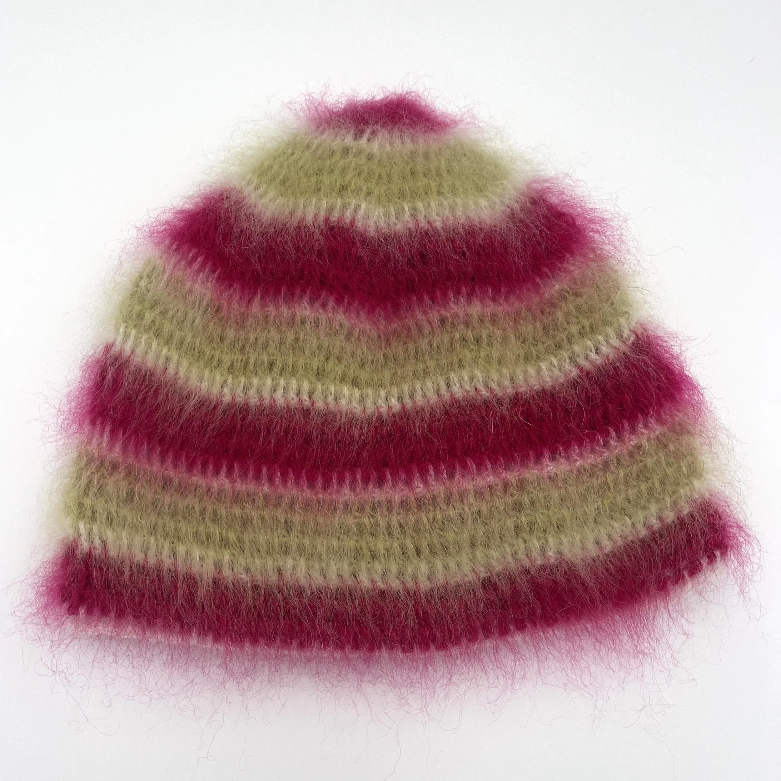 brushed mohair hat, pink, green & white stripe
