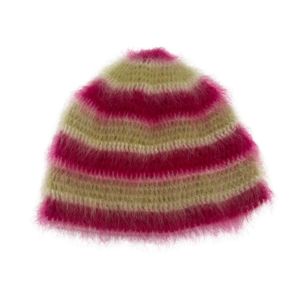 brushed mohair hat, pink, green & white stripe