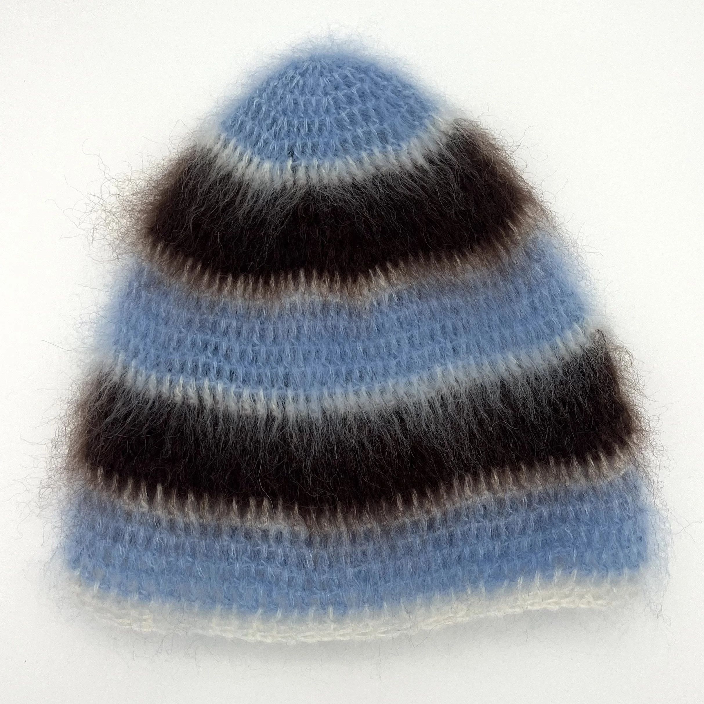 brushed mohair hat, brown, blue & white stripe