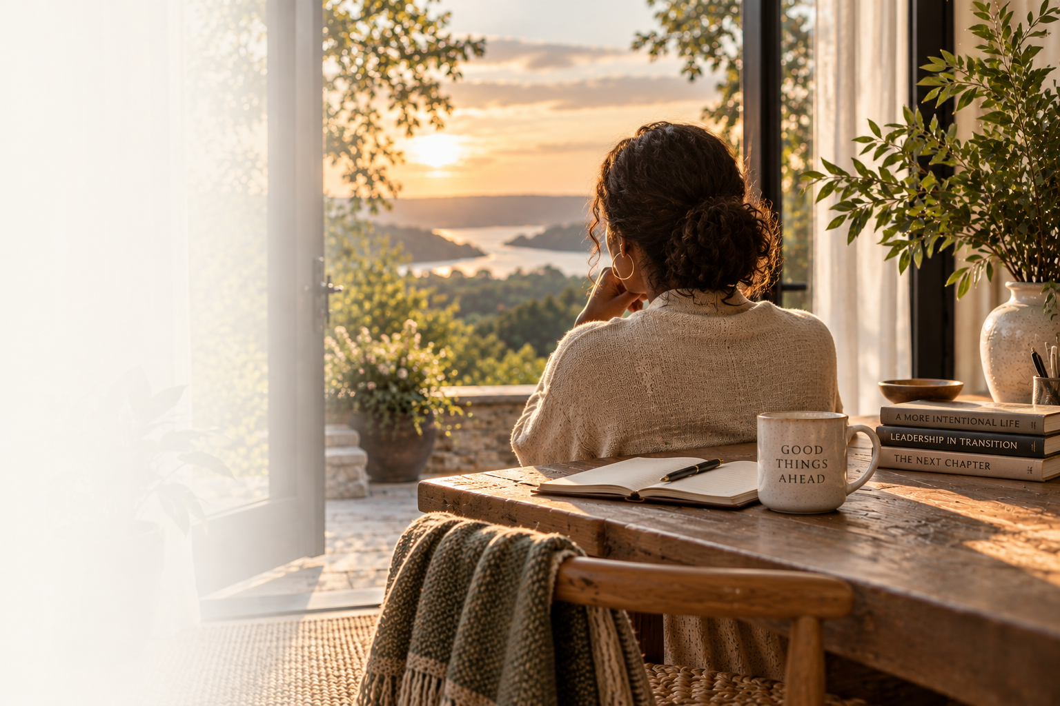 A woman with dark curly hair sitting at a rustic wooden table by a large open window, overlooking a scenic landscape at sunset. The table has a white mug with the words 'Good Things Ahead,' a stack of books, an open notebook with a pen, and a potted plant nearby.