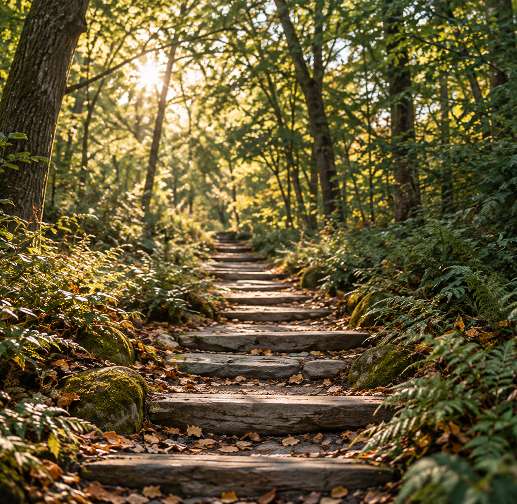 Wooden trail steps through a forest with lush green foliage and sunlight filtering through the trees.