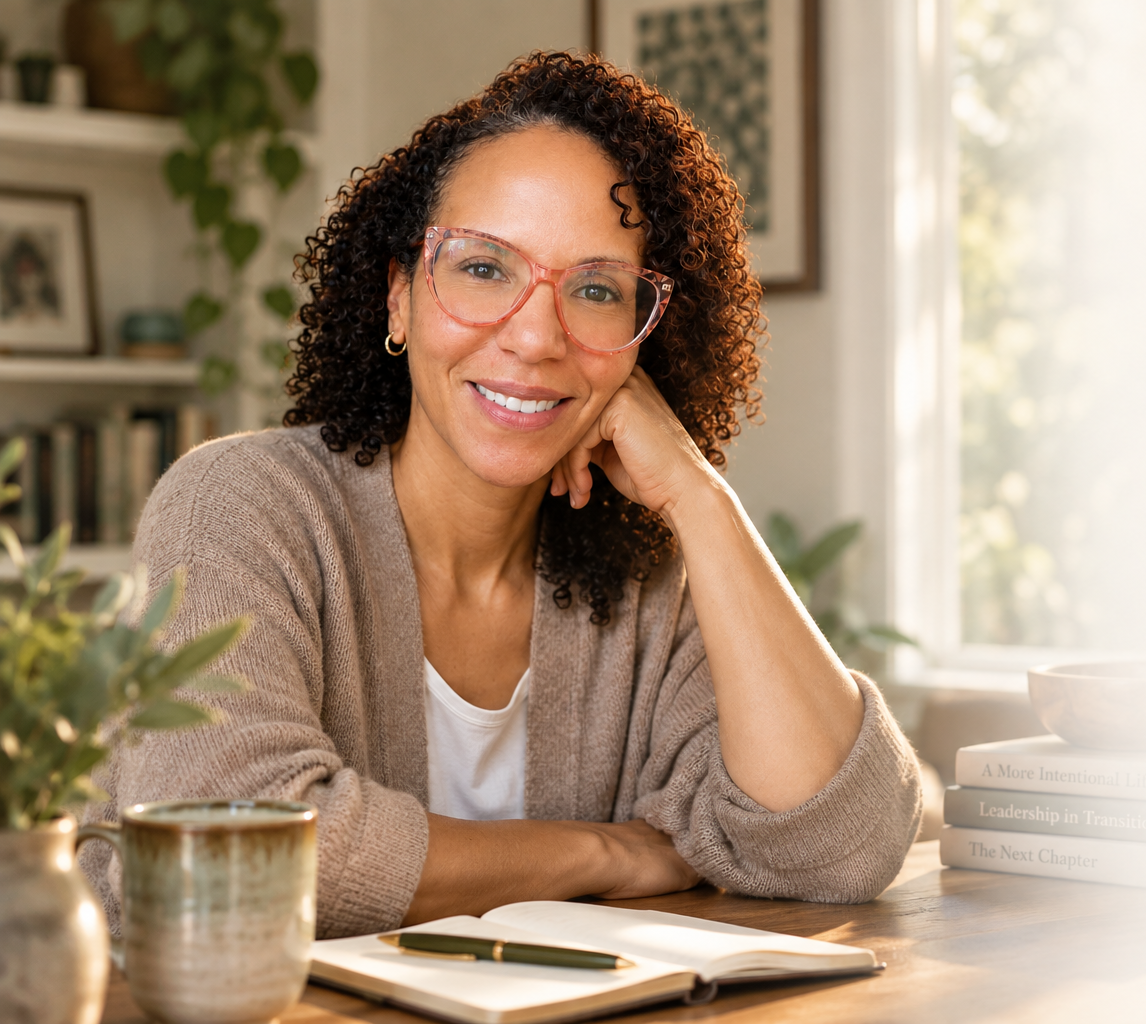 A woman with curly hair and glasses sitting at a wooden table, smiling at the camera. There is an open notebook, a pen, and a stack of books on the table, with a window and indoor plants in the background.