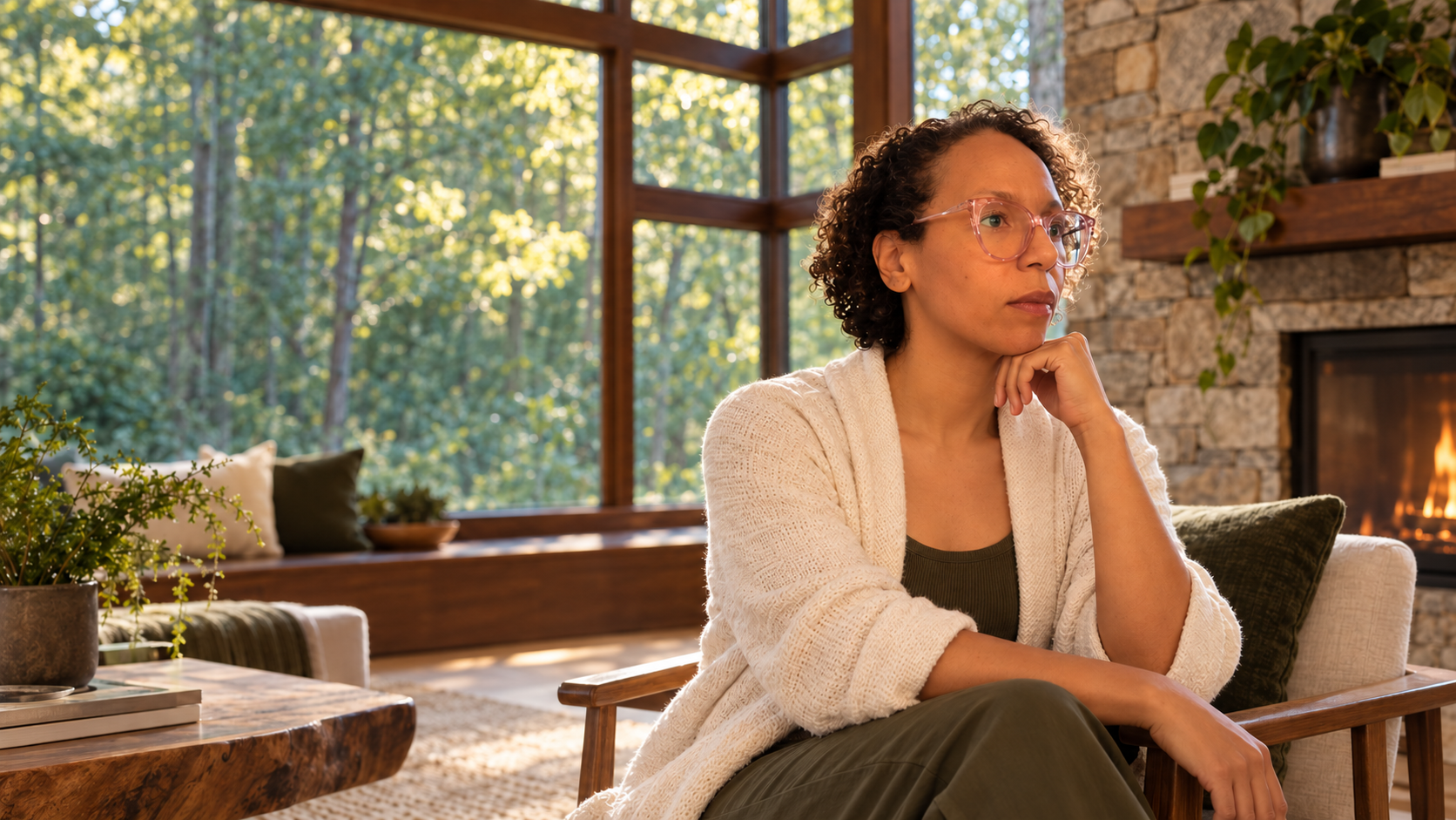 A woman with curly hair and glasses sitting in a cozy room near a fireplace, with large windows showing a forest outside.