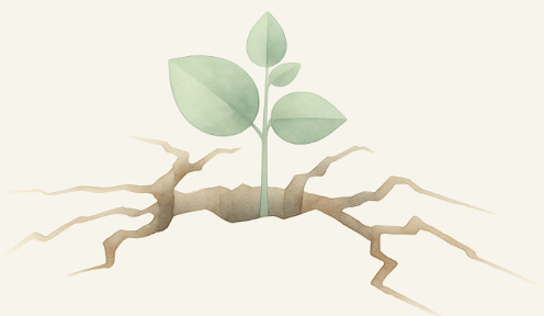 A digital illustration of a small plant growing from a crack in the ground, with green leaves and roots extending into the soil.