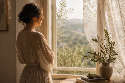 Woman standing near window with olive branch and lace textures