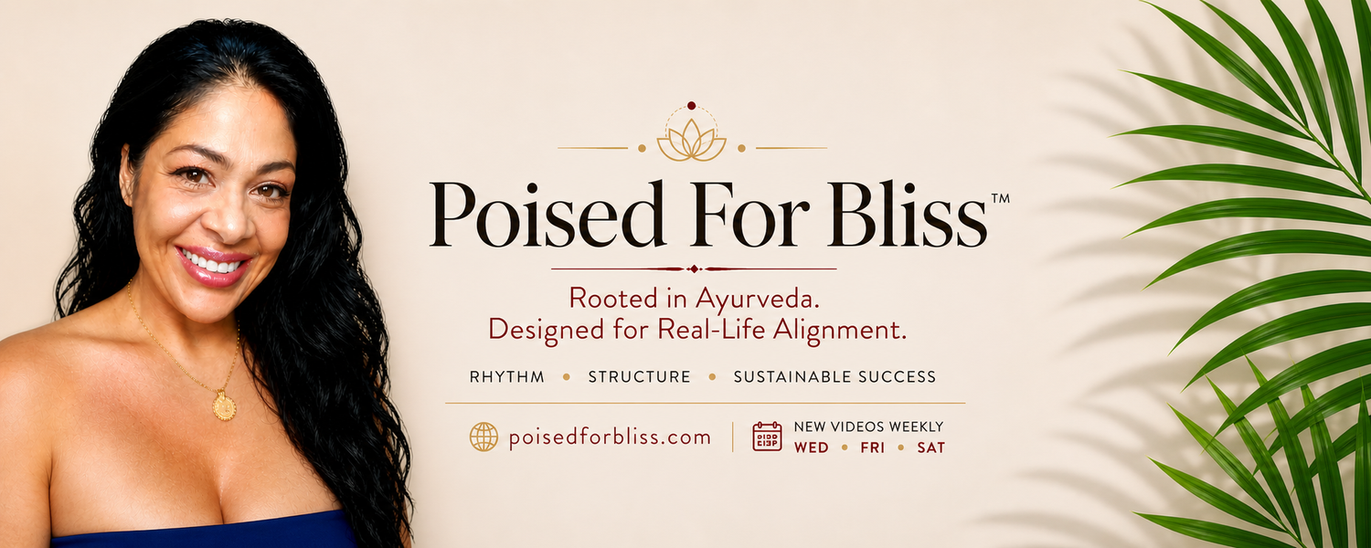 Poised For Bliss banner featuring Sandy Brooke with palm leaves and the phrase Rooted in Ayurveda. Designed for Real-Life Alignment.