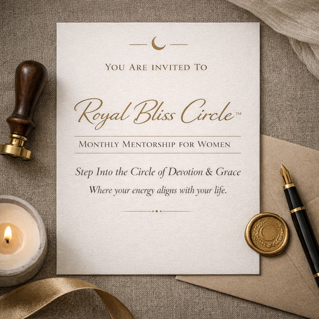 Invitation card for Royal Bliss Circle, a monthly mentorship for women, with elegant gold and beige accents, surrounded by a candle, wax seal, fountain pen, and sealing wax stamp on a textured background.