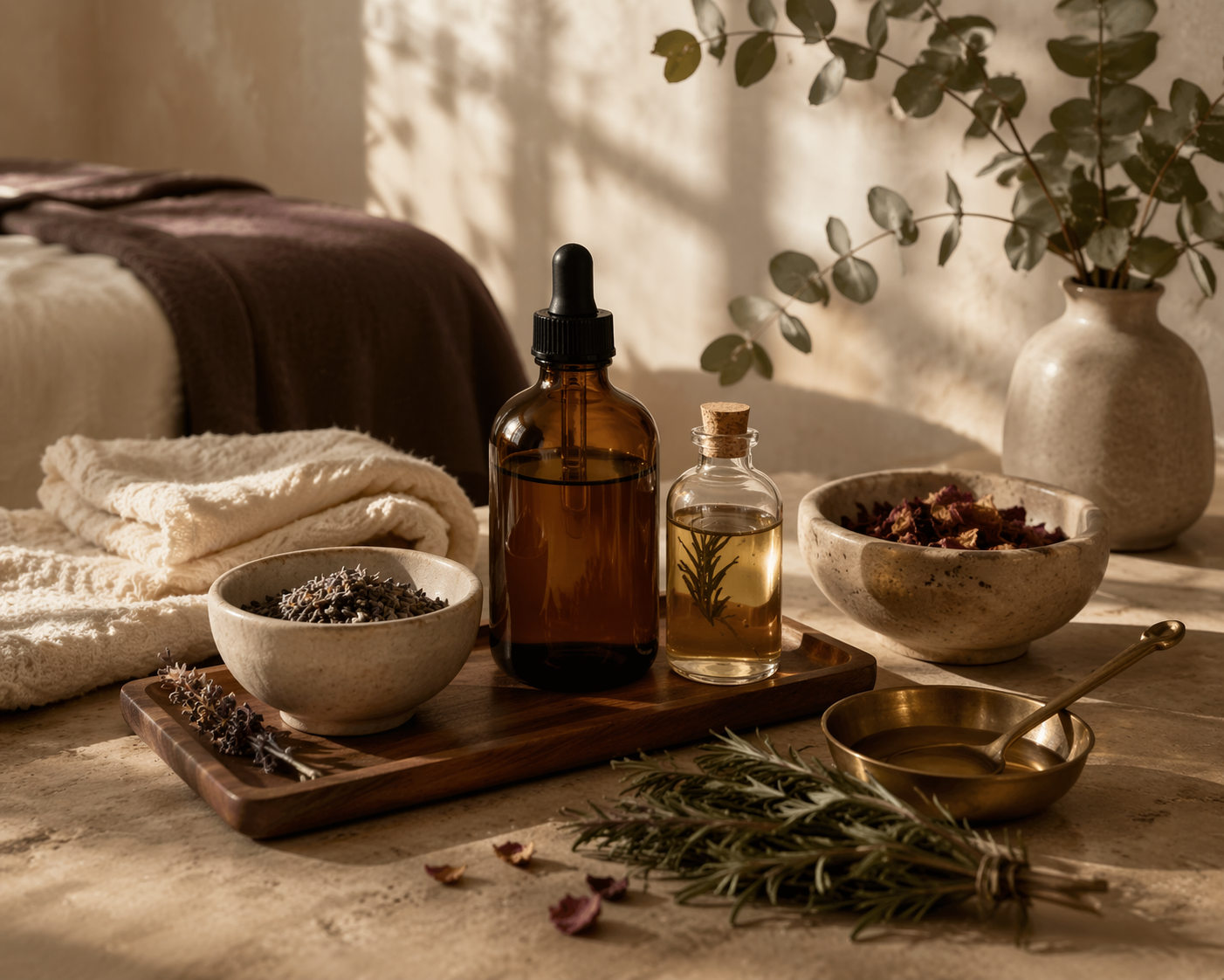Ayurvedic oils and herbs arranged in a refined apothecary-style setting