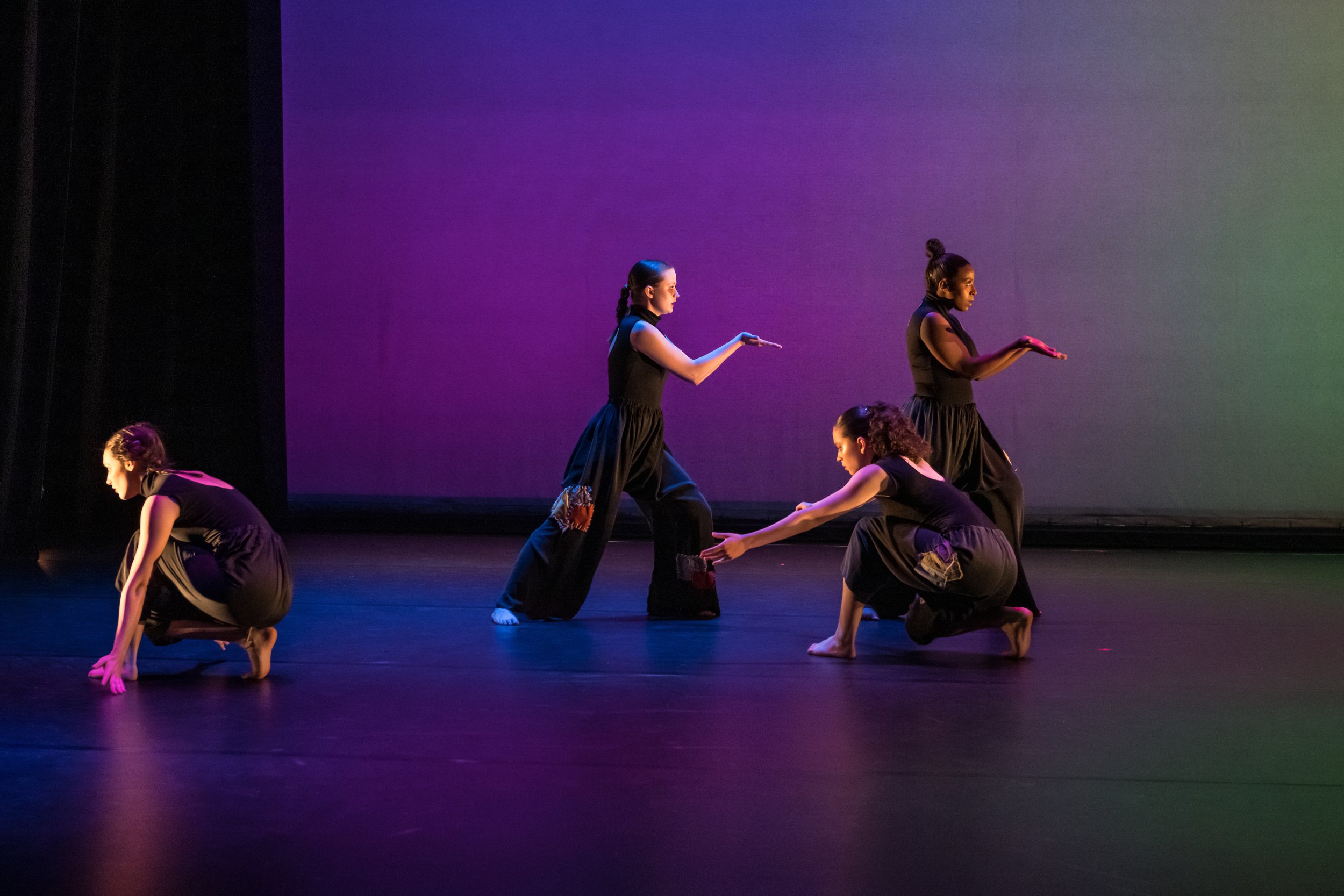 SADE 2023, Dormivelglia, I arranged the patches on the pants (dancers left to right, Kylie Venticinque, Audrey Black, Malia Easler, and Sarahanna McIntyre). photo credit: Lynn Willis