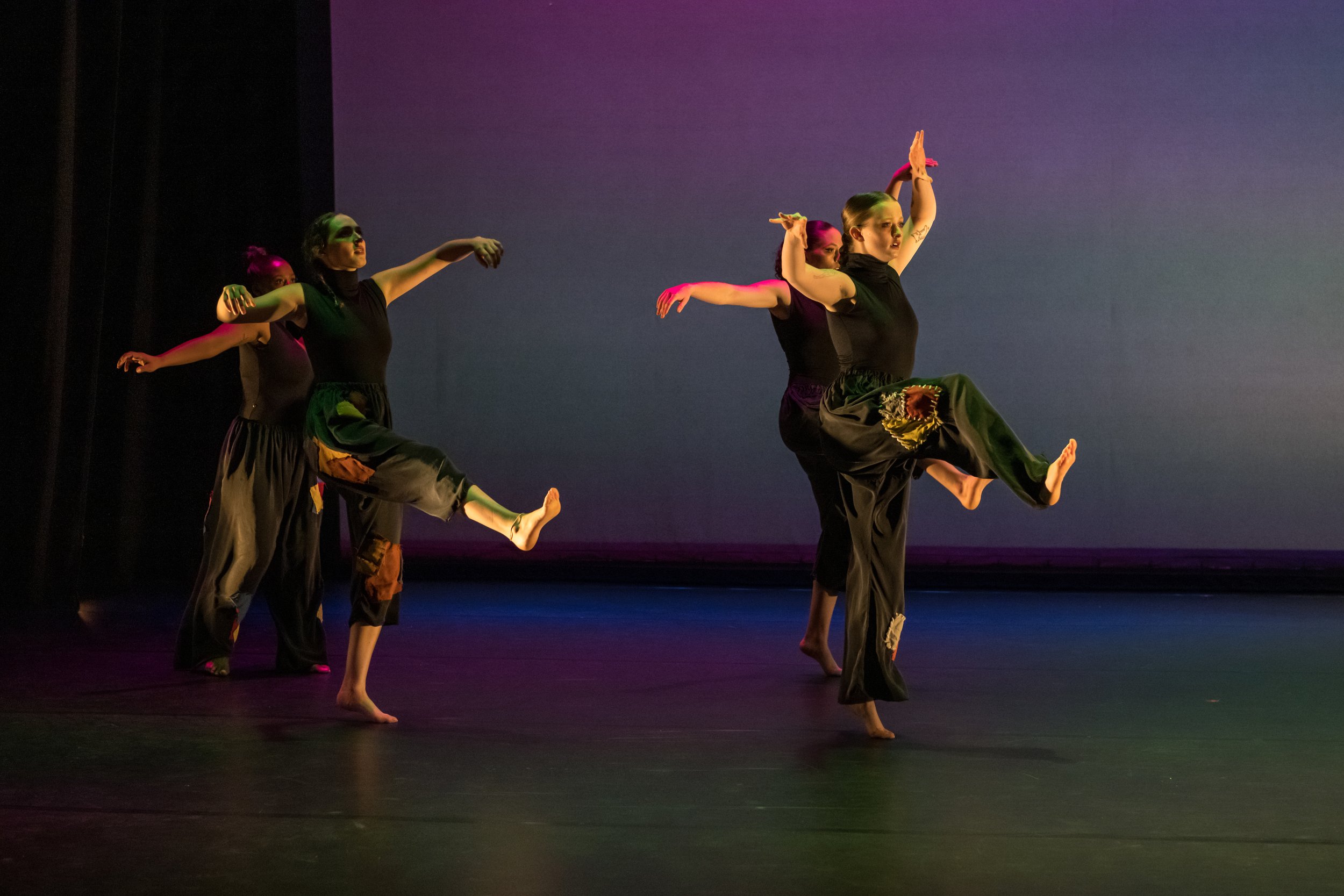 SADE 2023, Dormivelglia, I arranged the patches on the pants (dancers left to right, Kylie Venticinque, Audrey Black, Malia Easler, and Sarahanna McIntyre). photo credit: Lynn Willis