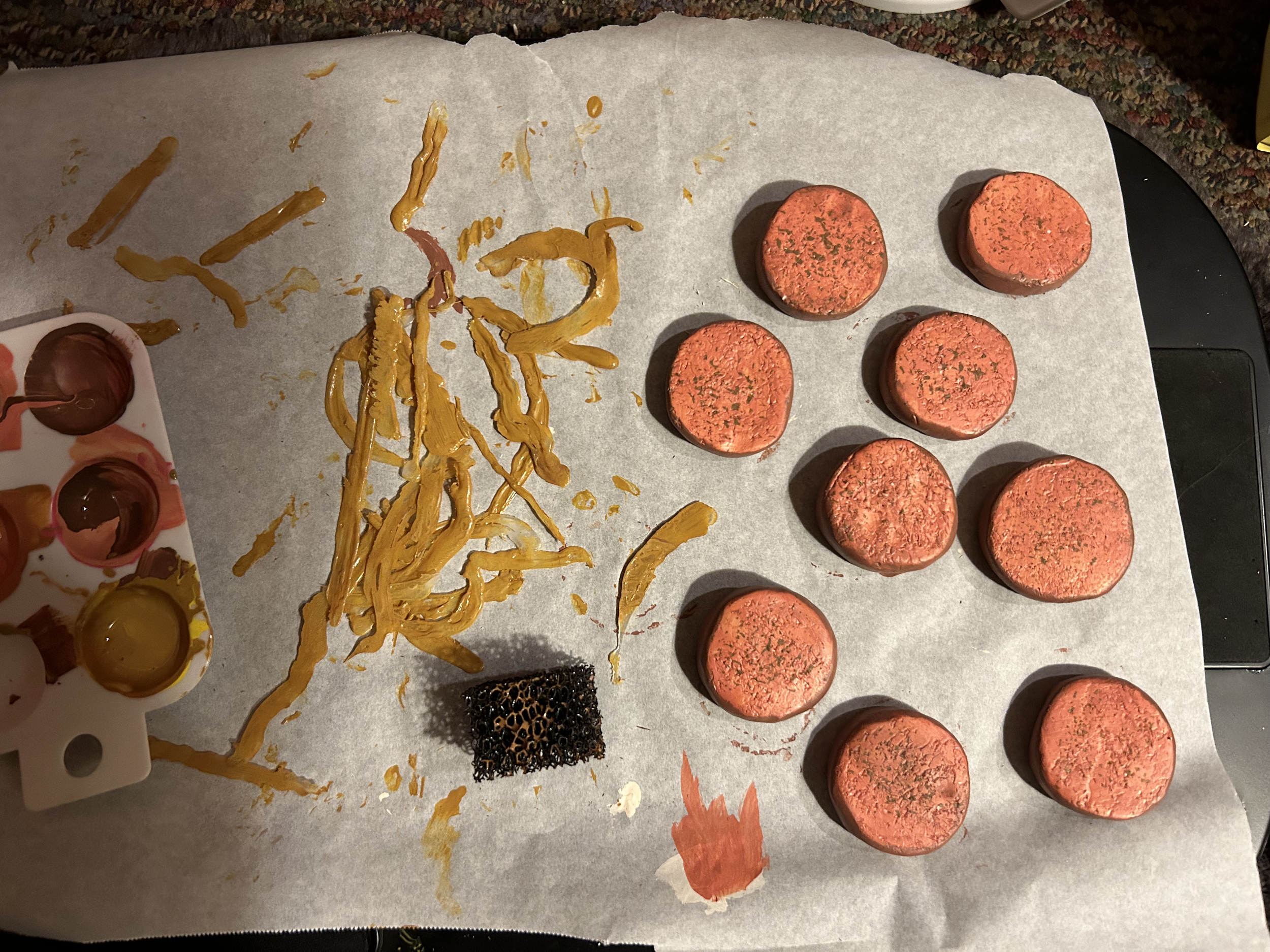 Scenery/Props 2023, Polish kielbasa made with Plastalina modeling clay, acrylic paint, and glossy Mod Podge. Fried onions made with hot glue and acrylic paint.