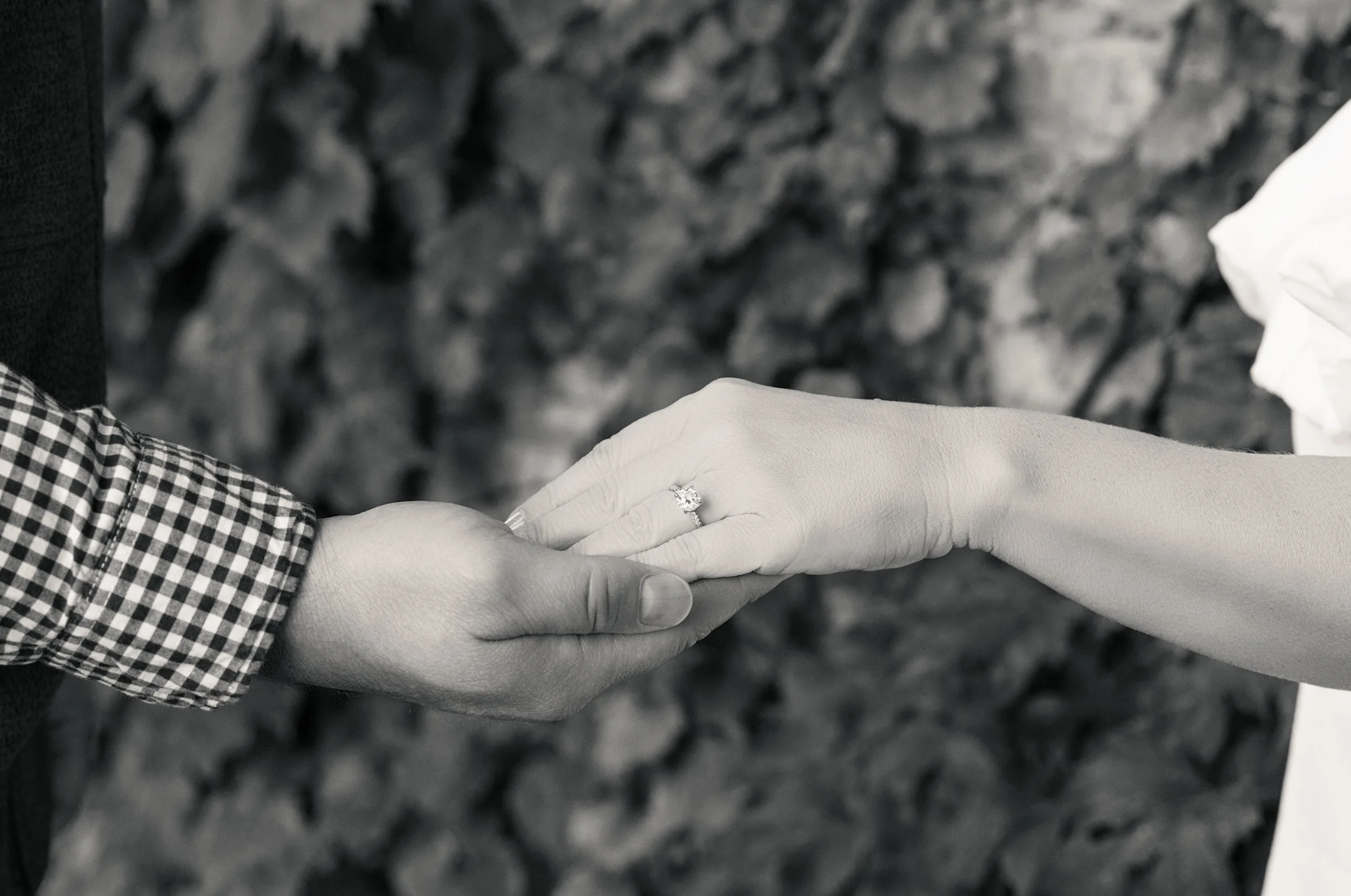 Close-up of a couple holding hands, the woman wearing an engagement ring with a gemstone, and a blurred background of rocks.