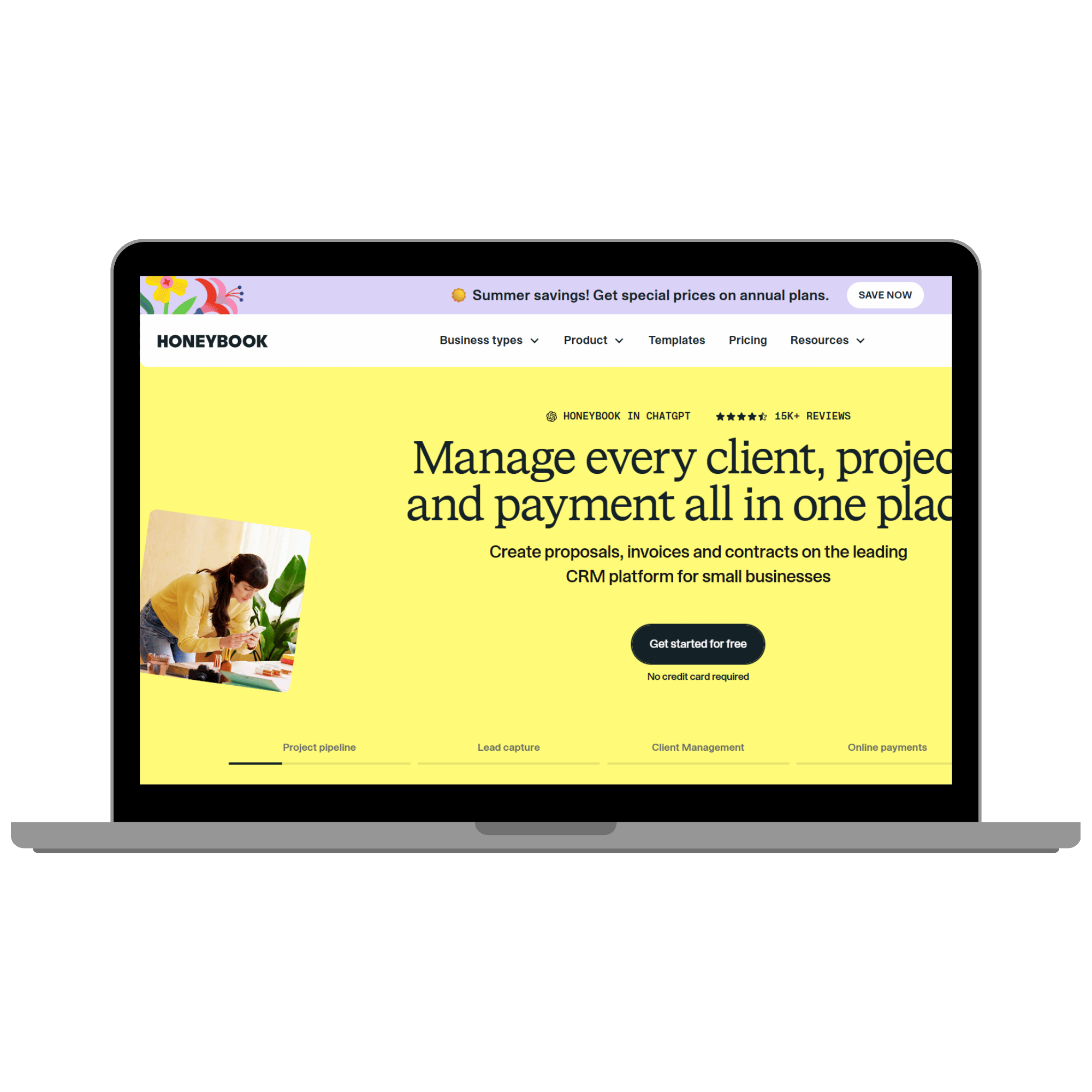 Mockup of the Honeybook homepage on a laptop