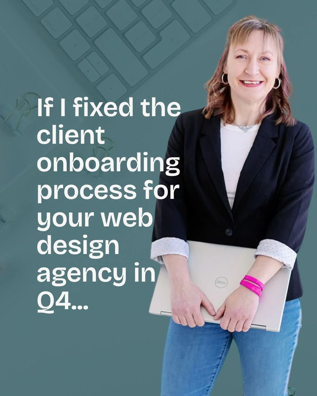 Got a lead say, "Yes, I'm in!" at 10pm on a Saturday night.

No problem.

Especially if you work with me in Q4. 

Slide 1: Jacki Hayes, a woman with shoulder-length reddish-brown hair, smiling and holding a laptop, stands against a teal bac