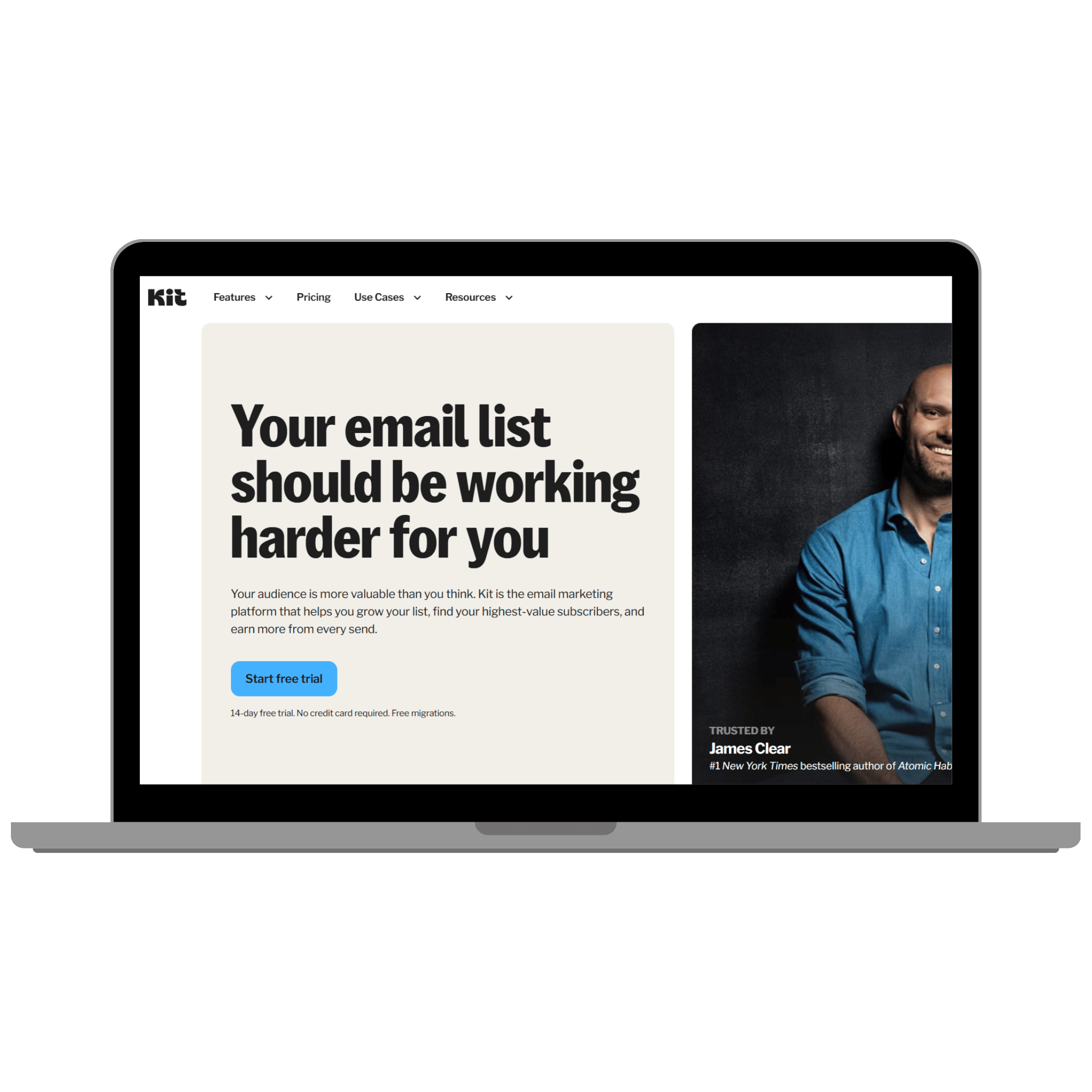 Mockup of the Kit homepage on a laptop