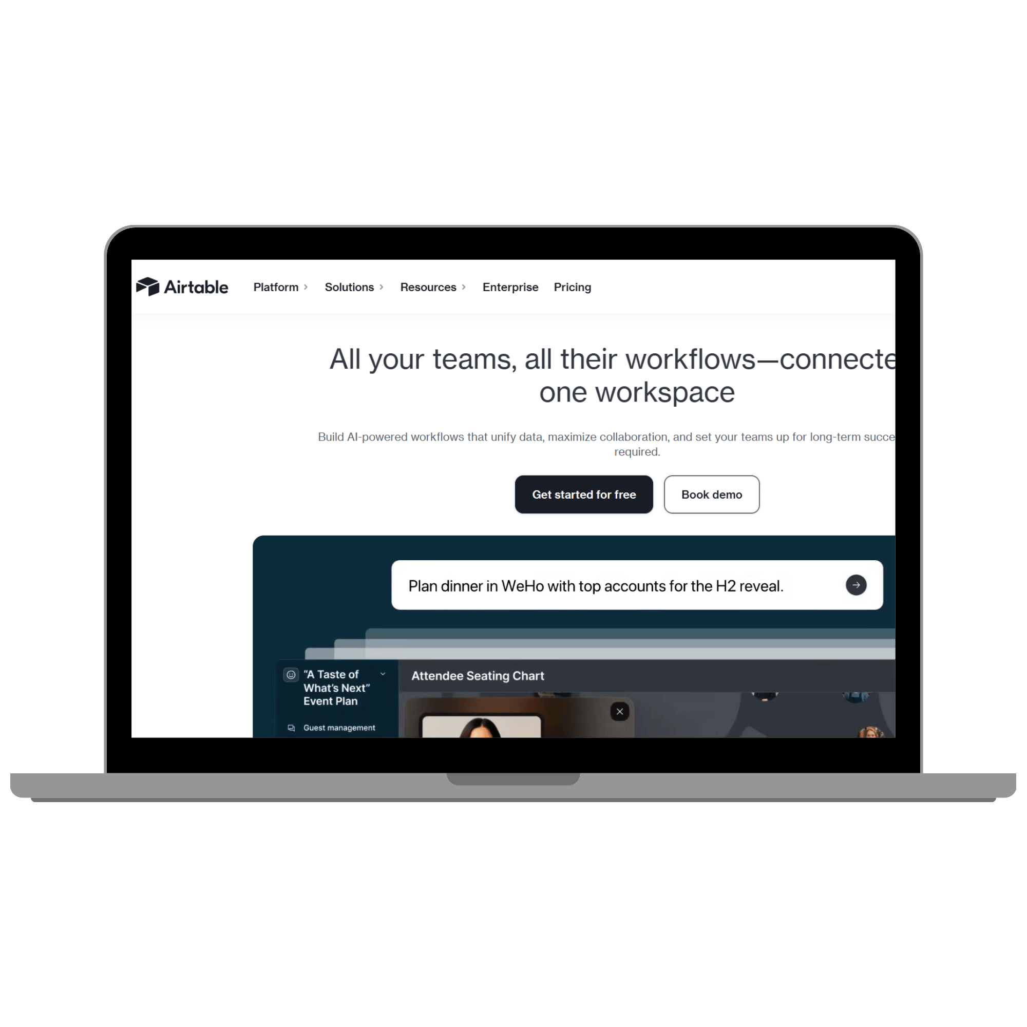 mockup of the Airtable homepage on a laptop screen