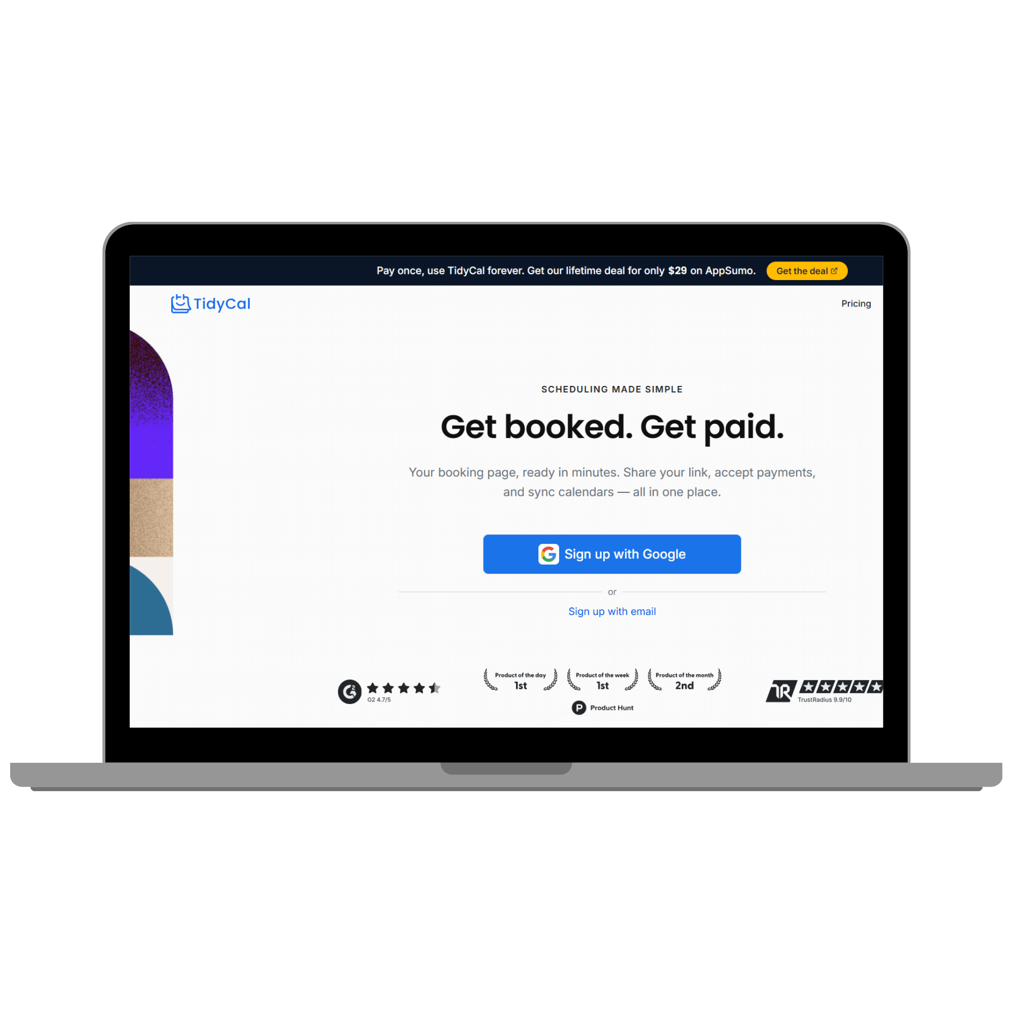Mockup of TidyCal's homepage on a laptop