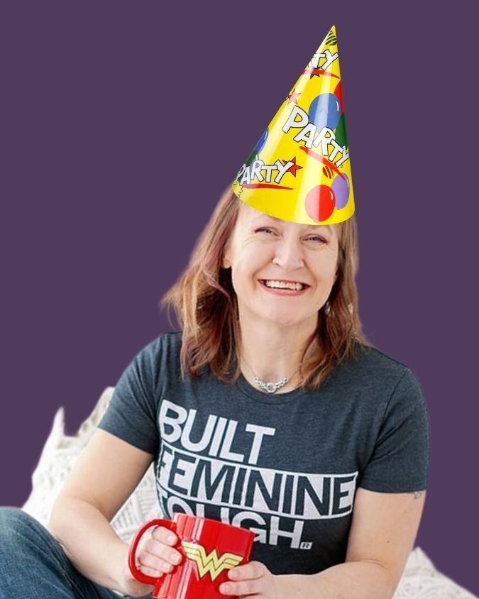 Birthday badge showing Jacki Hayes in a birthday hat