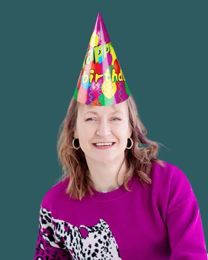 Jacki Hayes with a birthday hat graphic
