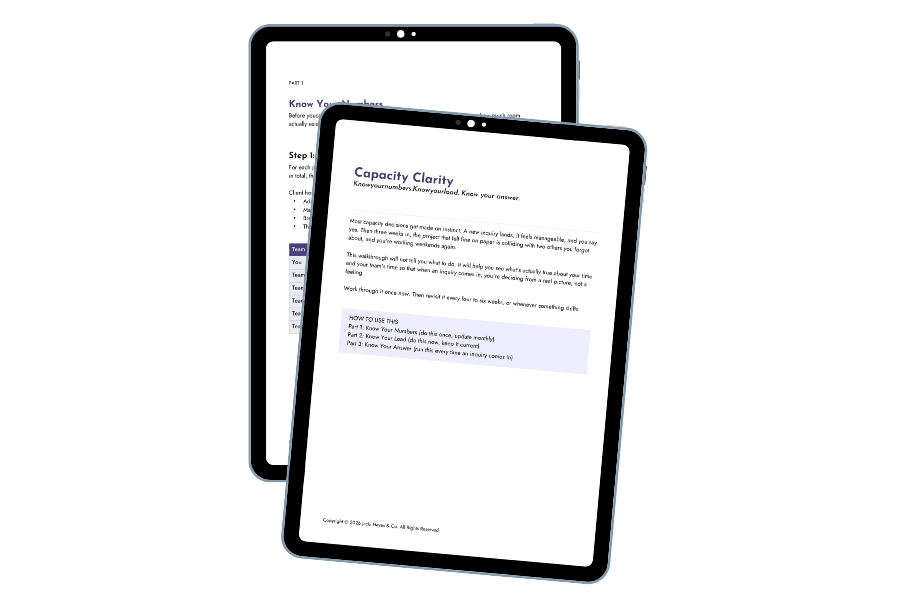 mockup image of the capacity clarity worksheet on a tablet.