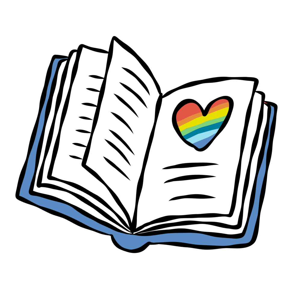 Sticker of a book with a rainbow heart on the page