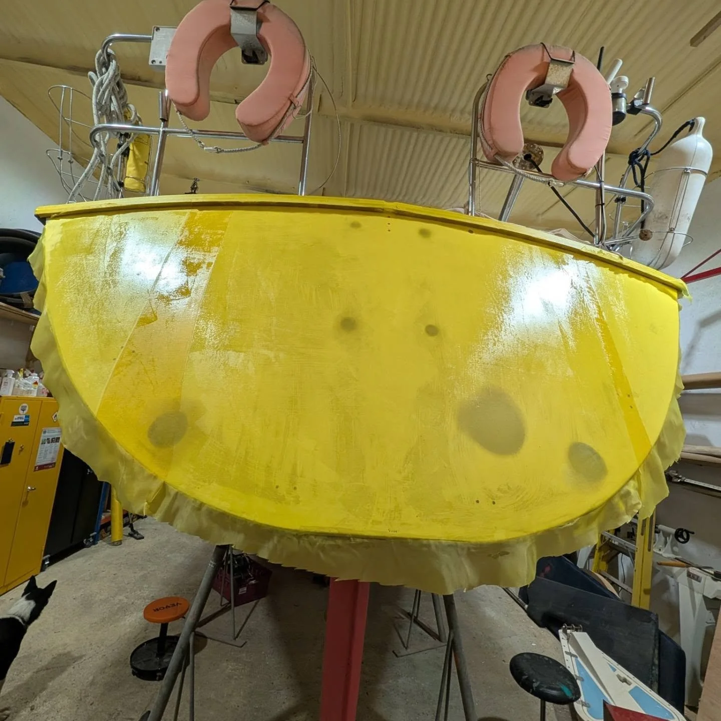 Preparation going well for the re-gel on a Westerly Seahawk. 
The skin fittings in the transom are being re-located to improve functionality, so the holes have been filled, the very thin gelcoat sanded fair and a coat of Vinylester resin applied. 
No