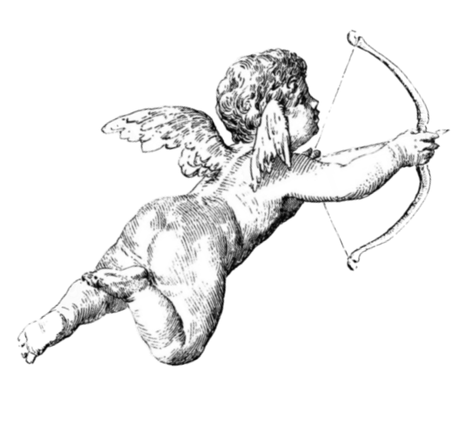 A vintage illustration of a cherub with wings shooting an arrow from a bow.