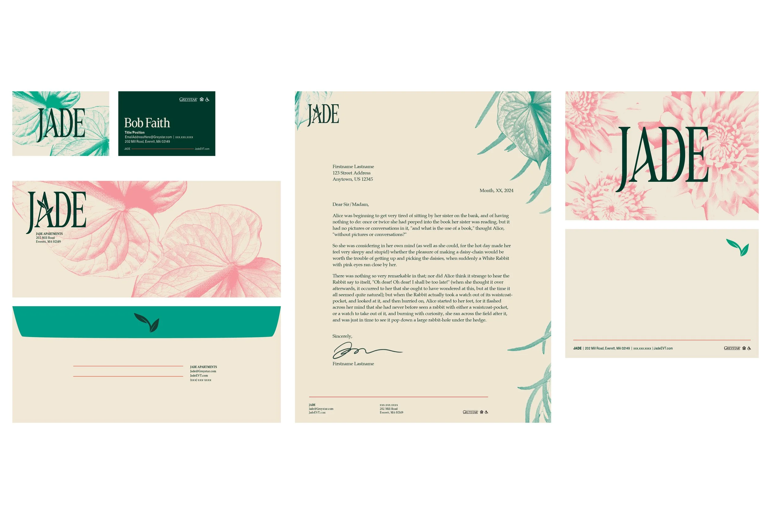 GREYSTAR-JADE — STUDIO DESIGNER, ASSET MANAGER  /  Developed and managed full suite of brand assets and business collateral, including Brand Guidelines, based on Designer's look.  /  Built mechanicals and finalized a wide range of assets for use acro