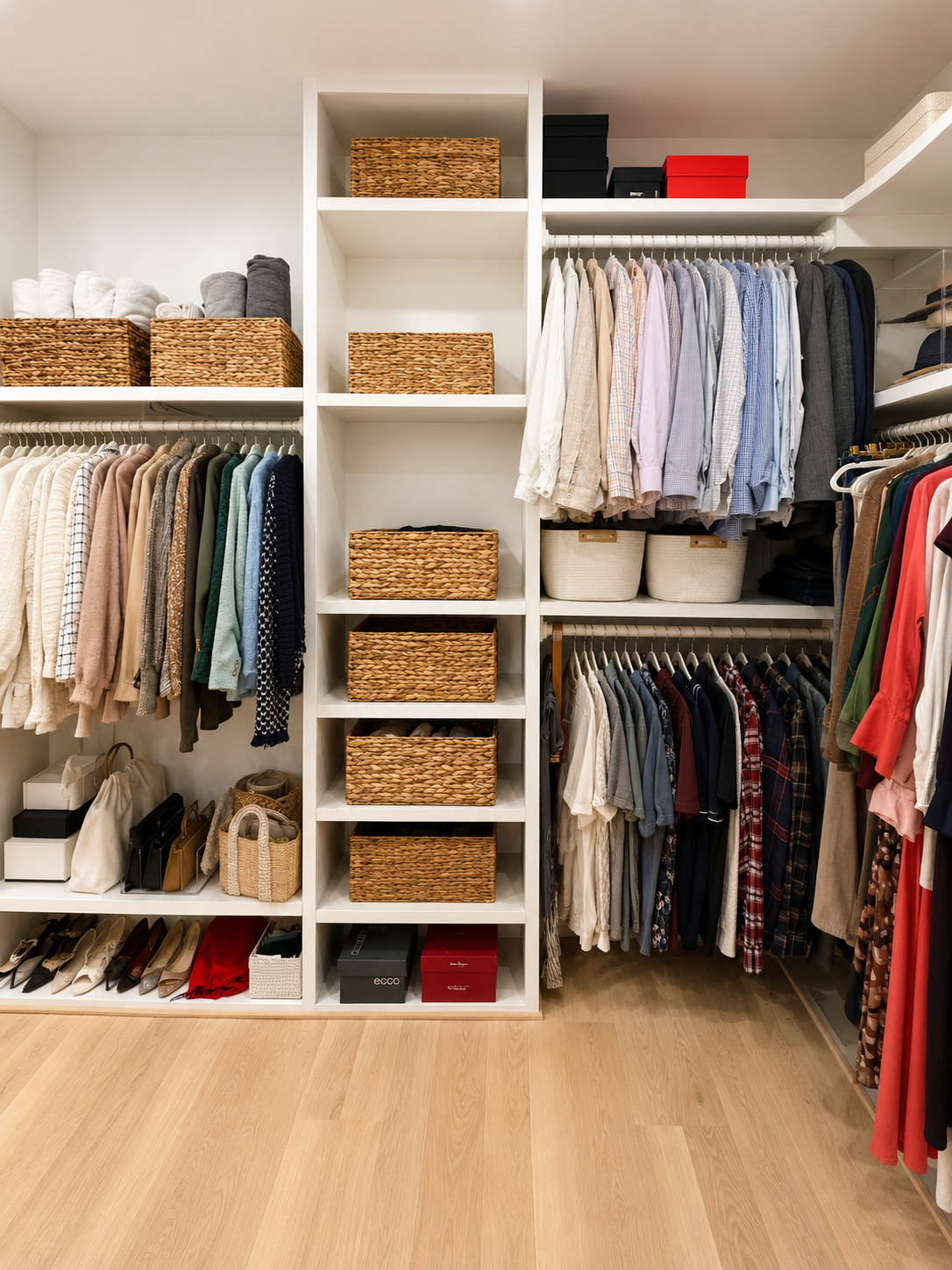 A walk in closet with baskets, and hung clothes.