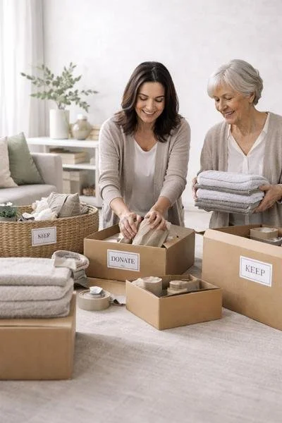 Professional organizer helping a woman sort belongings while downsizing her home in Northern Virginia