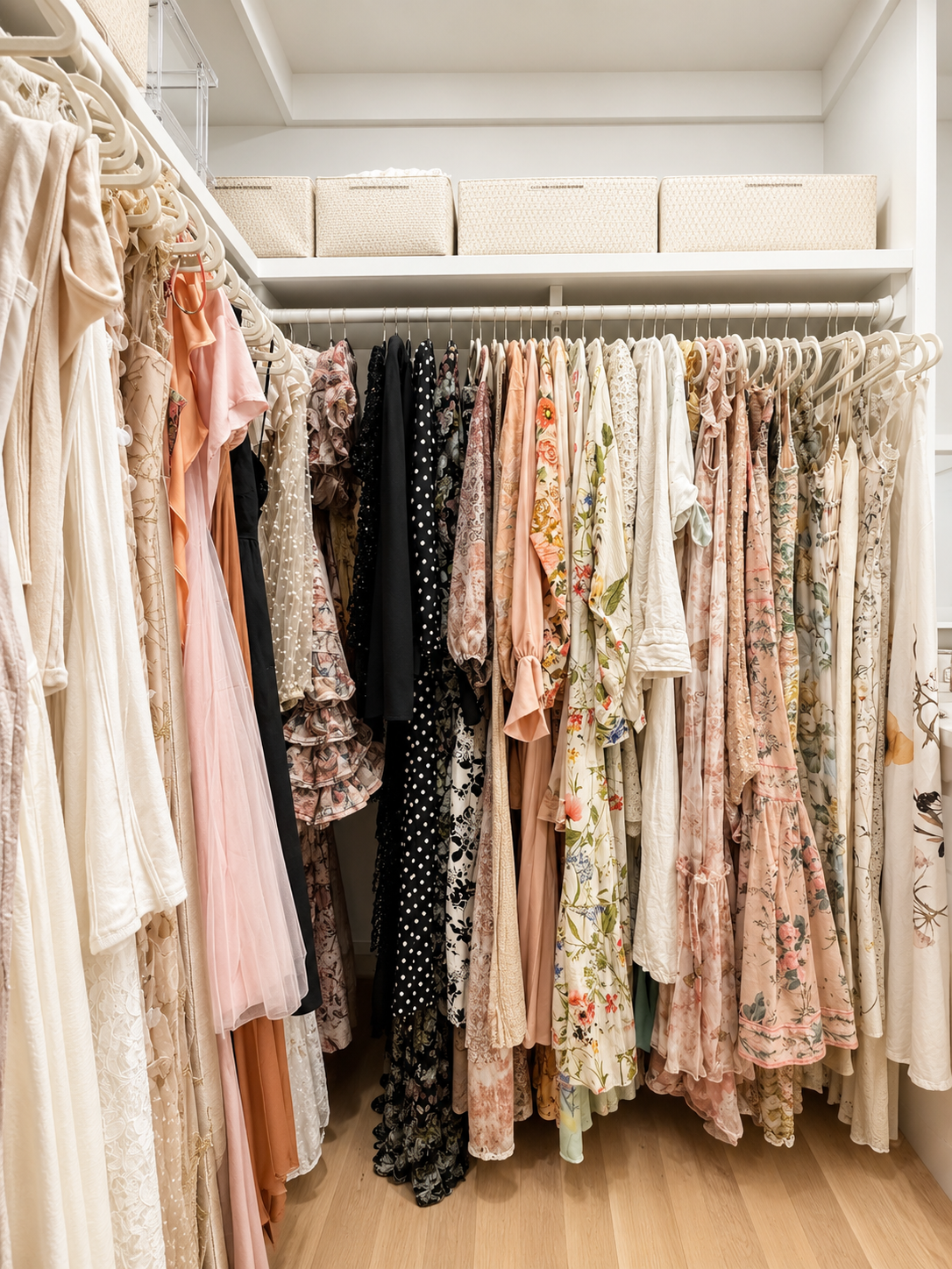 Primary closet with neutral colors, boutique style , velvet hangers, and baskets.