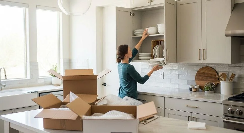 Professional organizer unpacking and organizing a kitchen after a move in Northern Virginia
