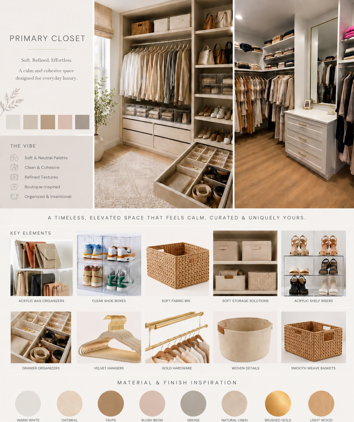 Primary closet mood board with neutral colors, boutique style closet inspiration, velvet hangers, baskets, and drawer organizers.