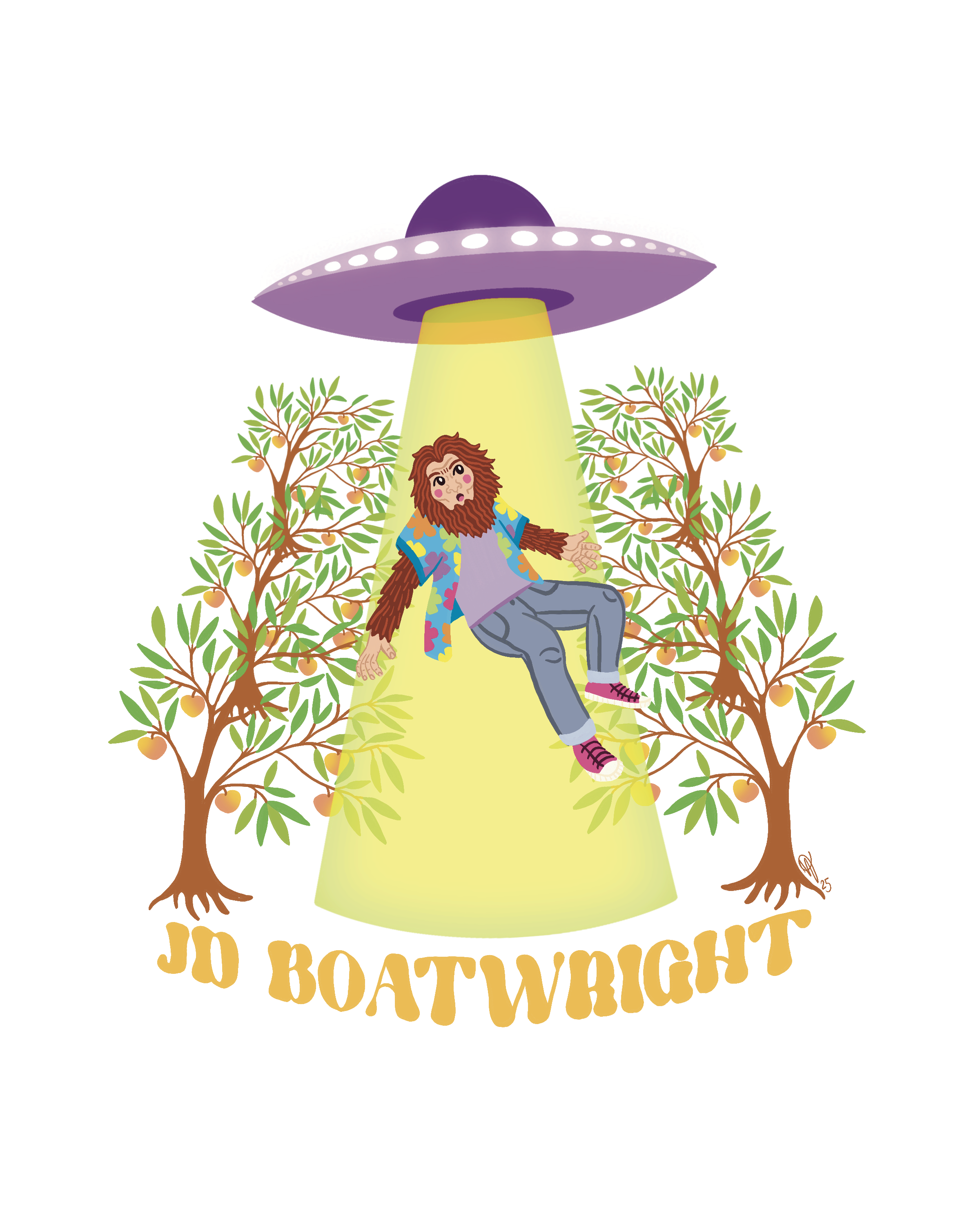 Illustration of a man with long brown hair and beard, wearing a blue shirt and gray pants, being abducted by a purple flying saucer with a bright yellow beam, surrounded by orange trees.