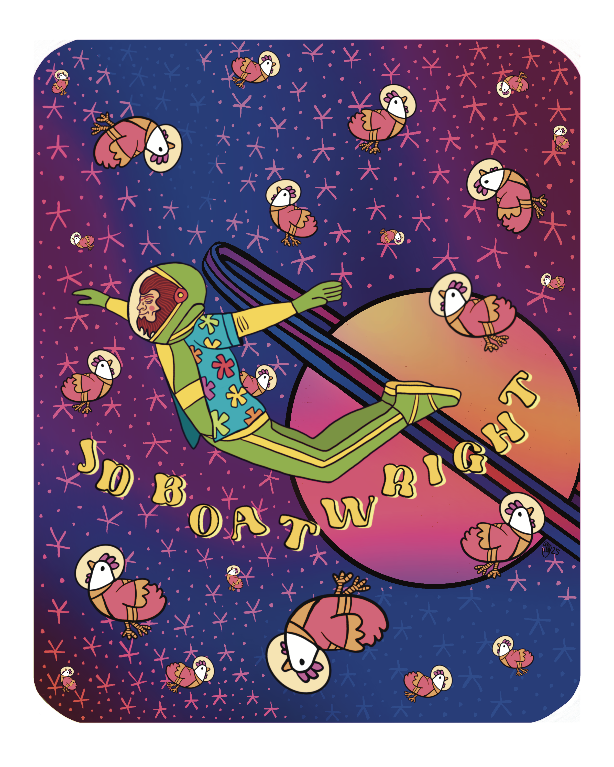 A cartoon-style illustration of a person with a beard and sunglasses floating in space, wearing a colorful Hawaiian shirt and green pants with yellow stripes, surrounded by falling pink and white chickens, with the text 'JOB ALERT' in yellow letters and a large orange sun in the background.