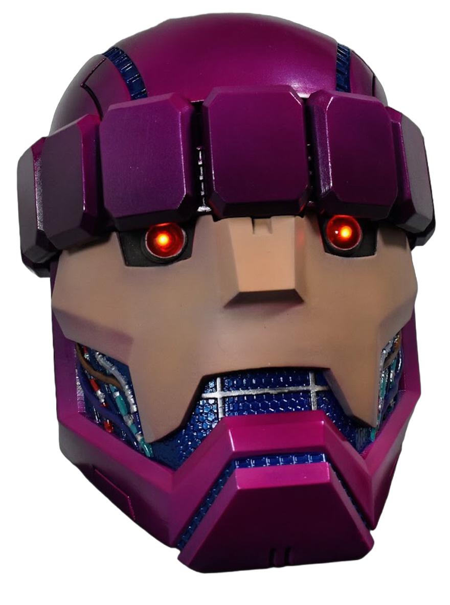 Close-up of a detailed, futuristic helmet with pink and beige armor plating, red glowing eyes, and visible electronic components, set against a black background.