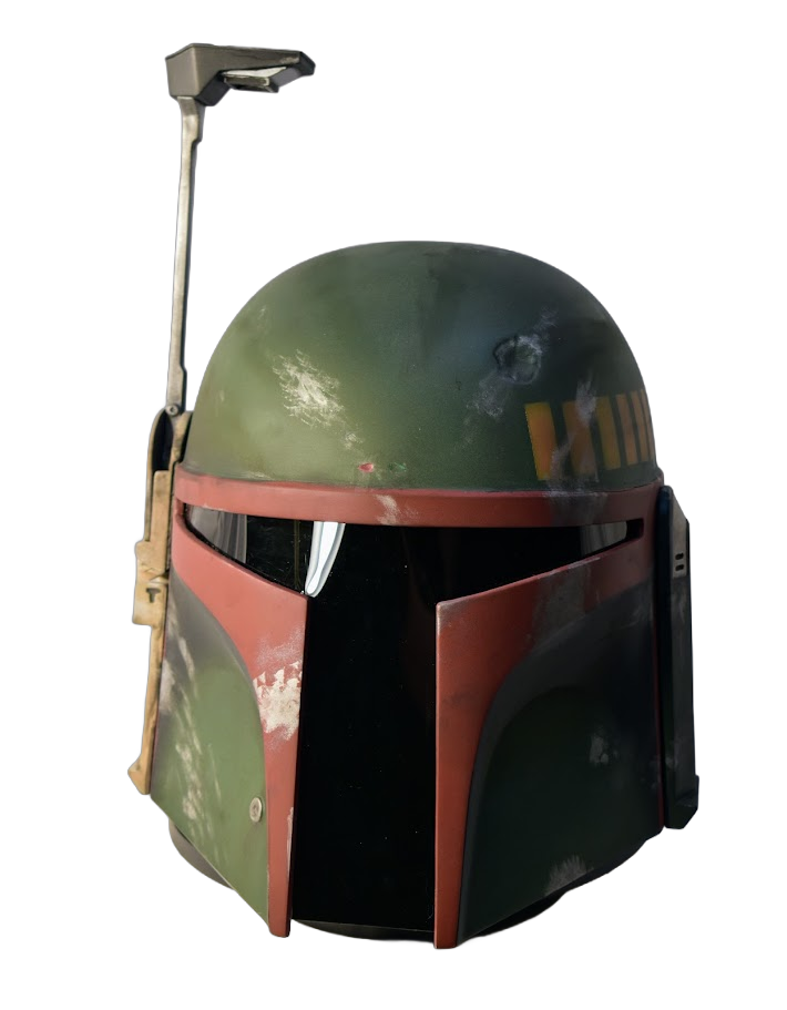 A Battle Droids helmet from the Star Wars franchise with a rangefinder attachment.