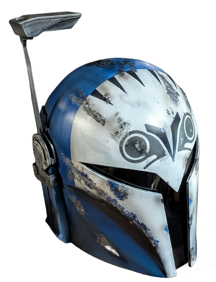 A Star Wars Mandalorian helmet with a distressed white and blue paint job, accompanied by a small antenna set against a dark background with digital glitch effects.