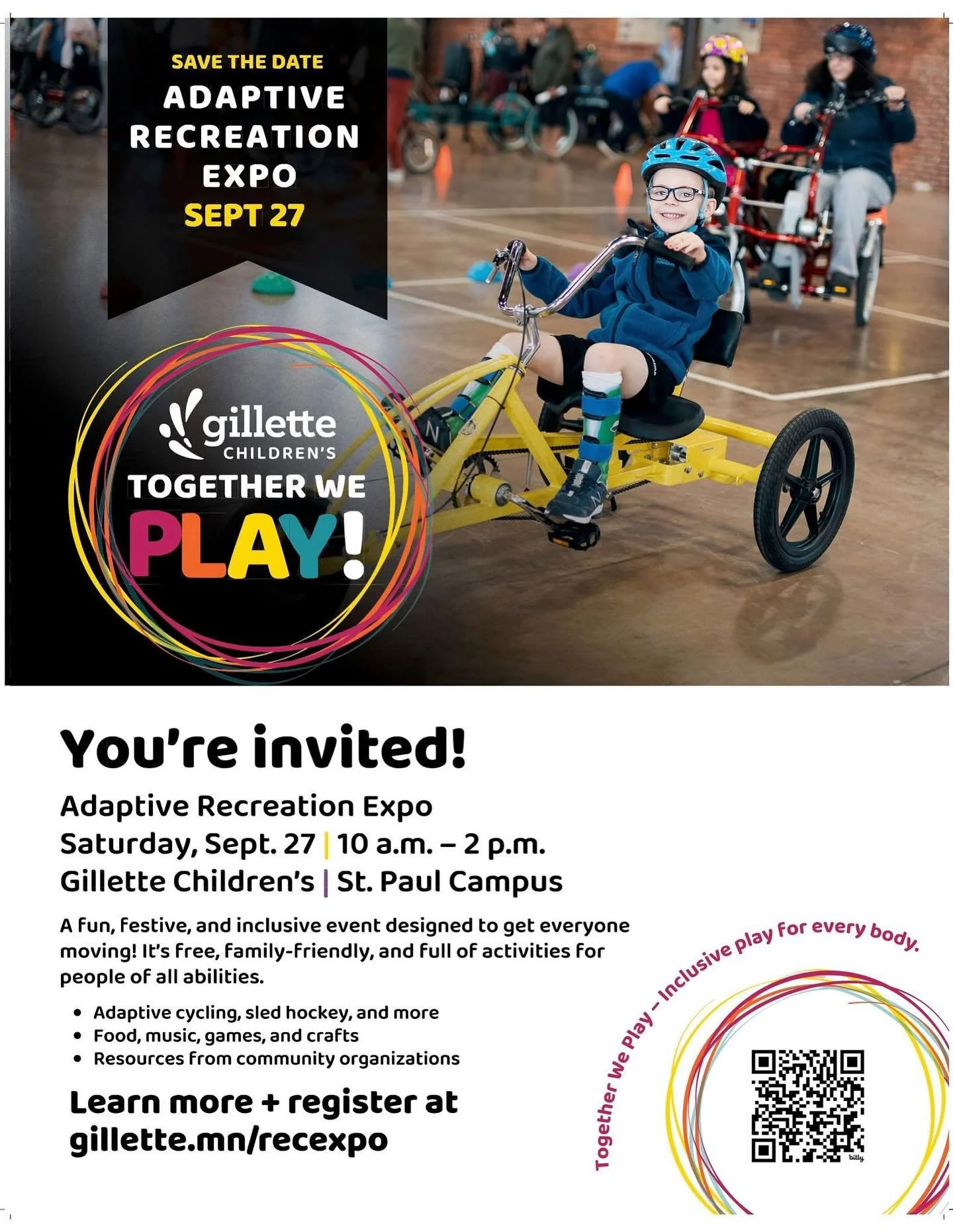 Save the date for @gillettechildrens Adaptive Recreation EXPO on September 27th!

HFC will be there with a booth featuring interactive activities, and of course, you can learn about all the programs HFC has to offer. We hope to see you there!