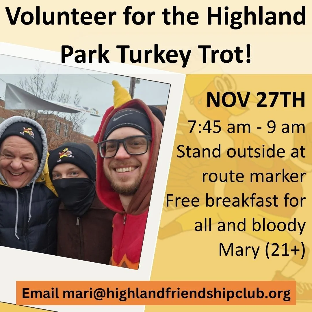 Volunteer for this year's Highland Park Turkey Trot! Volunteers will stand outside at street barricades, holding HFC signs and cheering on the runners. Enjoy a FREE breakfast at @tiffanysportslounge after your shift. 

November 27th, 7:45 - 9 am. 
Em