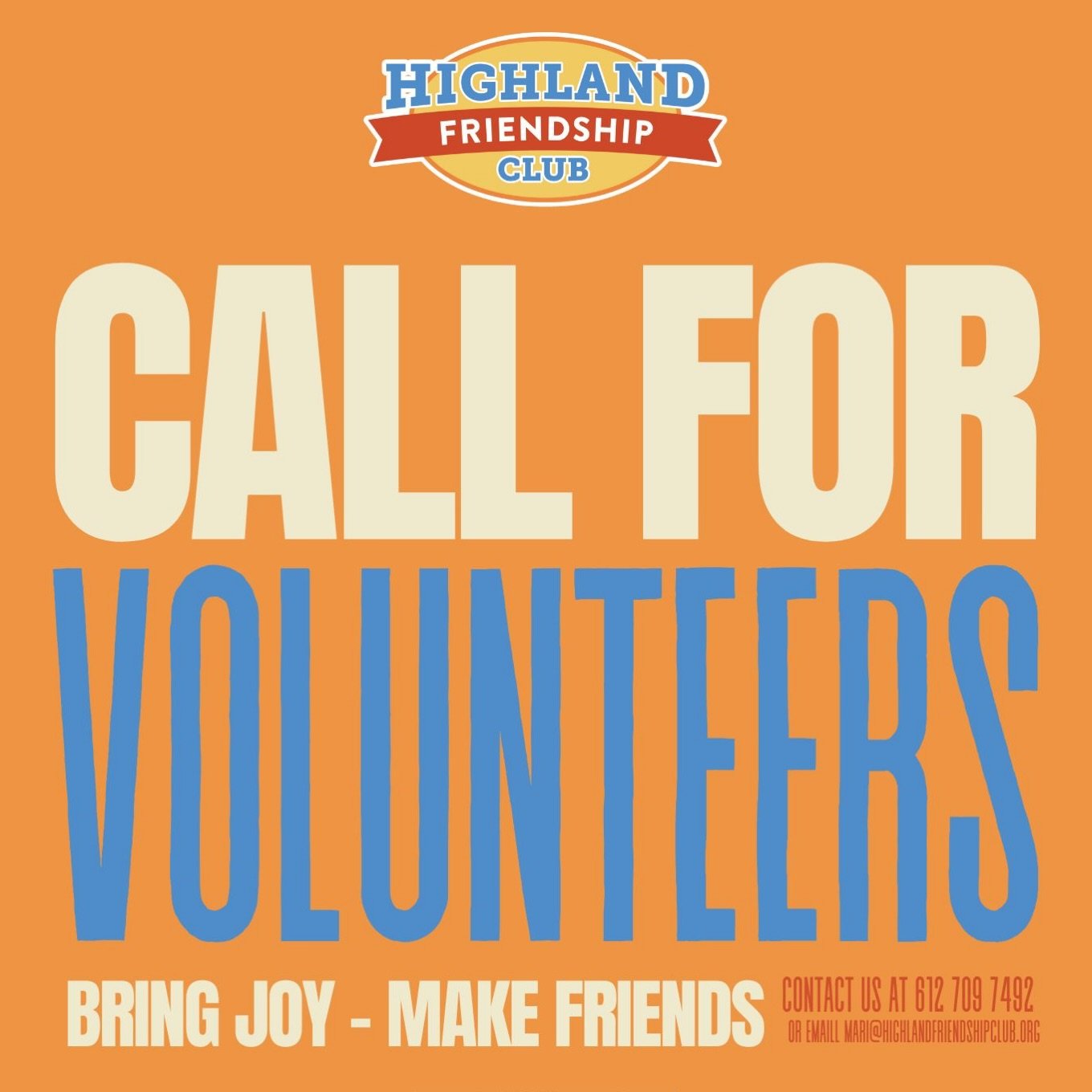 Want to bring joy and make friends?
Join us as a volunteer! No experience needed - just show up, have fun and build community. 

Contact us mari@highlandfriendshipclub.org
612 709 7492
Volunteer interest form link in bio