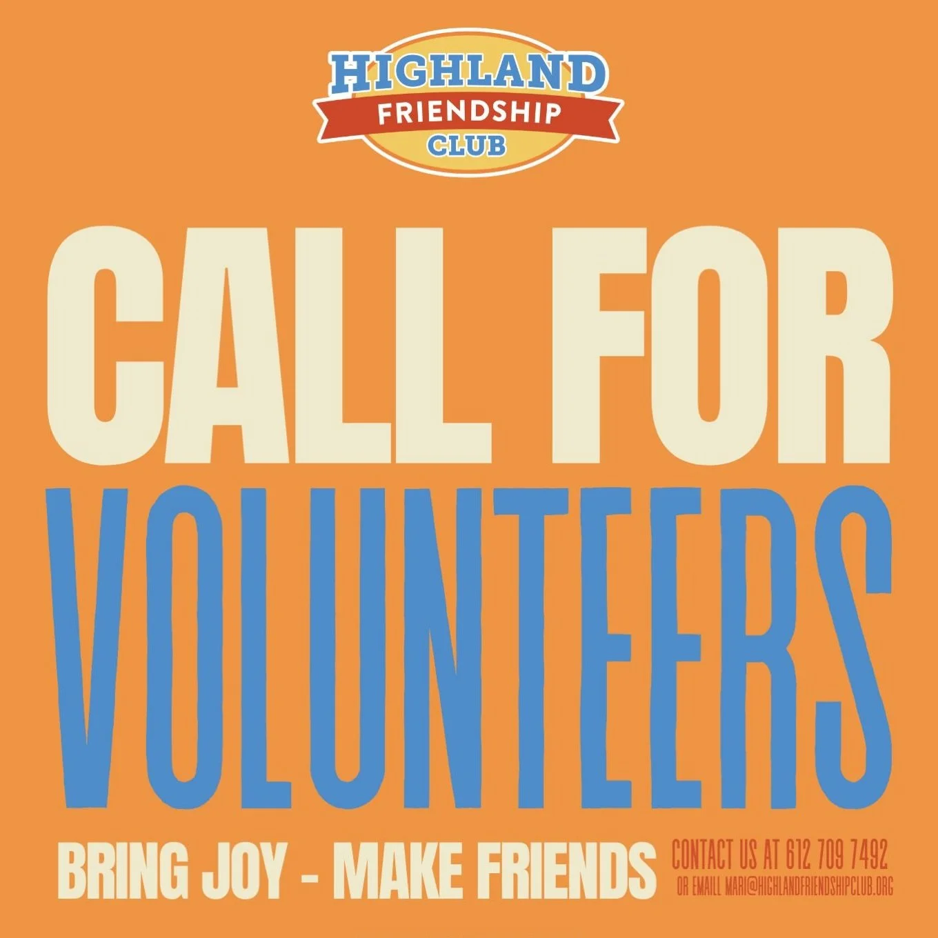 Want to bring joy and make friends?
Join us as a volunteer! No experience needed - just show up, have fun and build community. 

Contact us mari@highlandfriendshipclub.org
612 709 7492
Volunteer interest form link in bio
