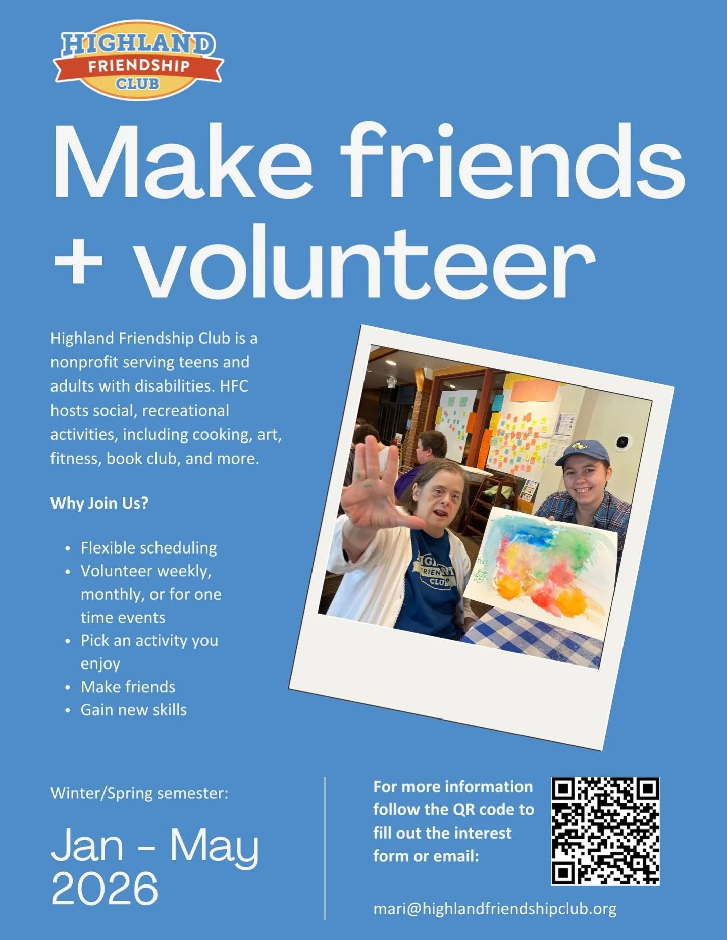 Bring joy, make friends.
Volunteer with us and hang out with teens and adults with disabilities have fun - while you do too! Just a couple of hours makes someone&rsquo;s day.

Fill out the volunteer interest form, link in bio
Highlandfriendshipclub.o