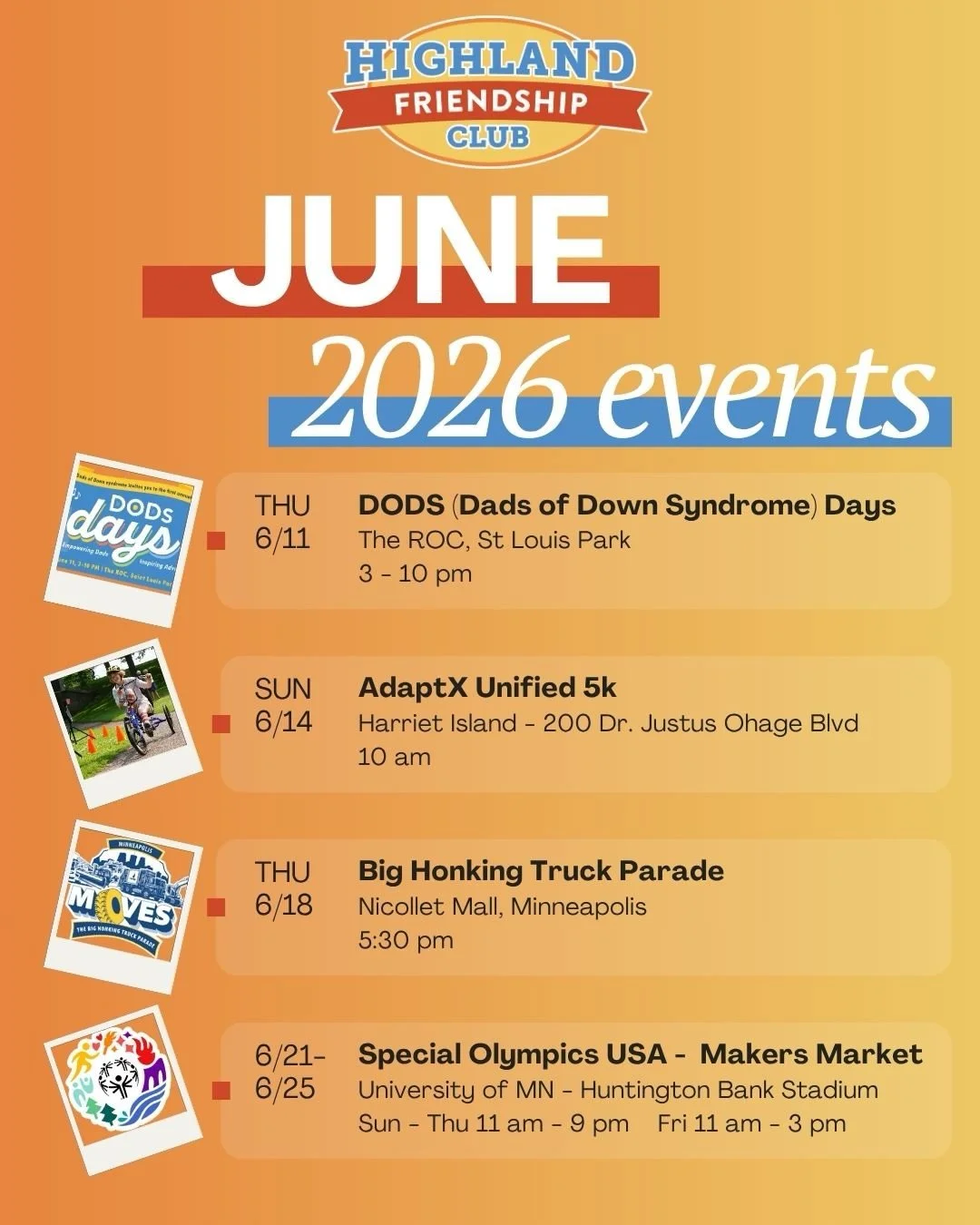June is shaping up to be an exciting month for Highland Friendship Club! 🎉

Join us out in the community at several special events:

💙DODS Days with @dadsofdownsyndrome Stop by our table to decorate and mail your own postcard, and join us as we rea